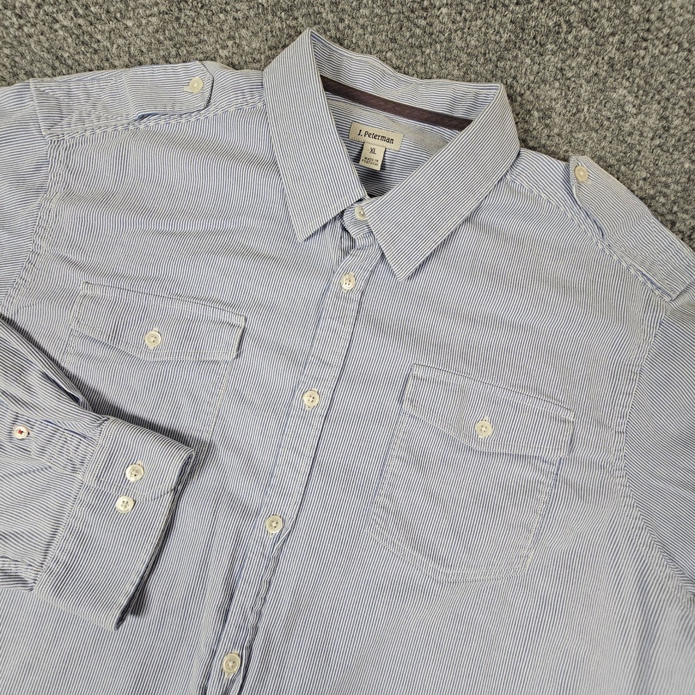 J. Peterman Mens XL Blue White Pinstripe Epaulette Button Down Shirt Portugal